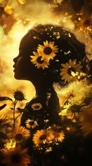 Poster - Silhouette of a child surrounded by sunflowers at golden hour in a serene garden setting