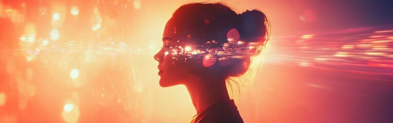 Poster - Serene portrait of a woman radiating warmth against a backdrop of soft glowing lights at sunset