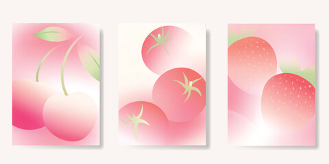 Wall Mural - abstract colorful gradient fruit card background set. minimalist poster with cherry, strawberry, tom