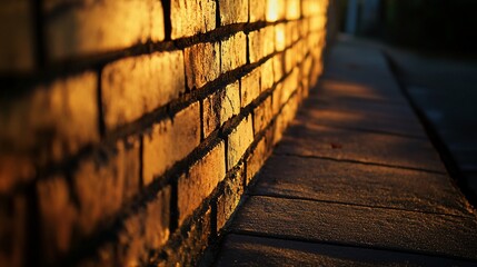 Wall Mural - illuminated brick wall at night, showing texture and shadows on adjacent pavement.