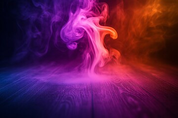 Wall Mural - abstract smoky background with vibrant purple and orange lighting on dark wooden floor.
