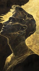 Aufkleber - Mystical silhouette of a man with intricate golden lines creating a surreal artistic profile
