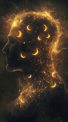 Poster - Mystical profile of a man filled with glowing patterns and crescent moons amidst a starry background