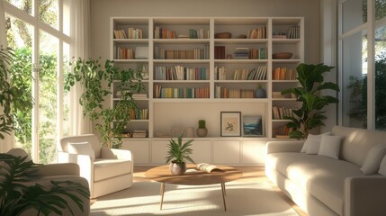 Aufkleber - Cozy living room library corner featuring inviting furniture and a well-organized bookshelf bathed in natural light