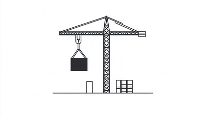 Fototapete - Minimalist construction logo featuring a silhouette of a tower crane lifting a block in modern line art design suitable for various construction industries