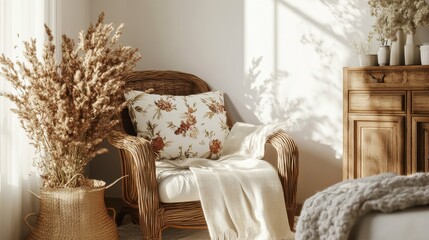 Aufkleber - Cozy nook featuring a rattan chair adorned with floral cushions in warm, inviting light