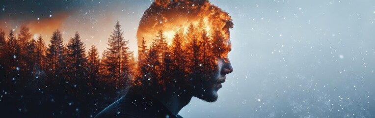 Poster - Man illuminated by vibrant forest glow blends nature with human spirit in a serene winter setting