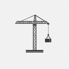 Fototapete - Minimalist construction logo featuring a silhouette of a tower crane lifting a block against a monochrome background