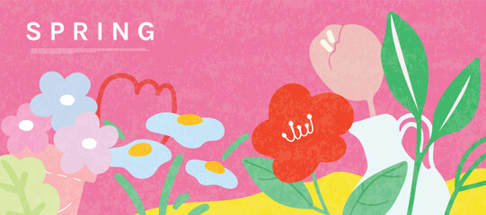 Wall Mural - spring season botanical art background vector. natural hand drawn pattern design with cute flowers, 
