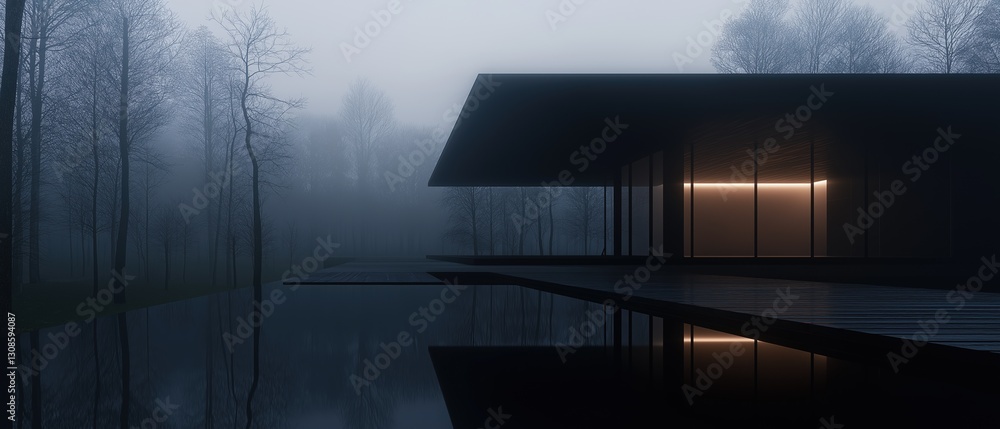 Digital rendering of a modern house in the middle of a foggy forest ...
