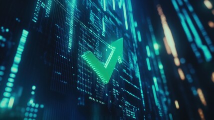 Wall Mural - Stock market growth with a bold green arrow pointing up on a digital financial chart, blue grid overlay