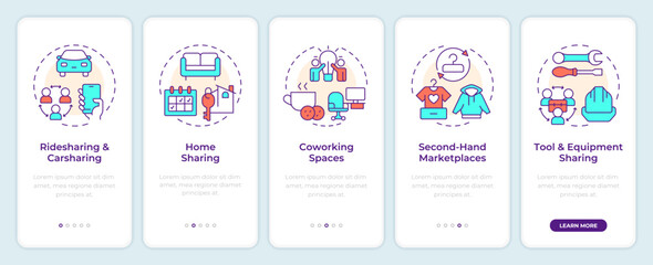 Wall Mural - sharing economy models onboarding mobile app screen. walkthrough 5 steps editable graphic instructio