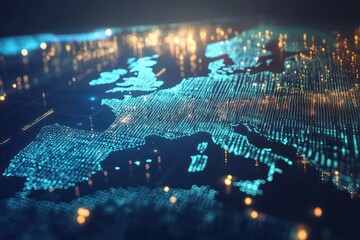 A digital 3D map of Europe, with tiny glowing dots and binary code flowing over the continent, symbolizing the global influence of big data and cryptocurrency on business.
