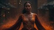 © Marvel’s Nook - A tall, woman with deep brown skin, fiery orange pigments, golden sparks floating around her as she moves, wearing a flowing dark red dress, intense gaze, fantasy warrior aesthetic