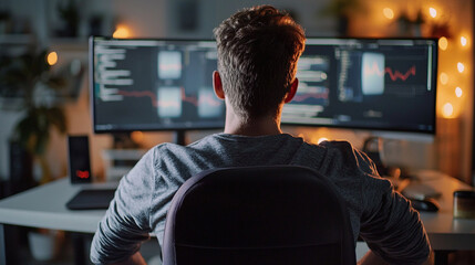Young programmer working late at night on a big computer screen web man data code dark desk light