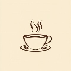 Aufkleber - Elegant minimalist coffee cup logo featuring simple steam lines and scattered coffee beans in warm brown and beige tones