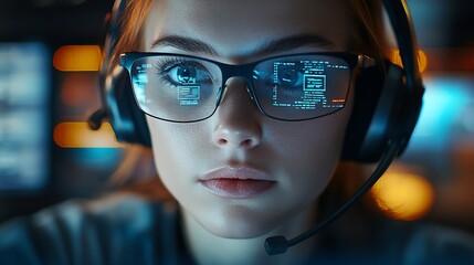 Woman coder focused on digital screen at night