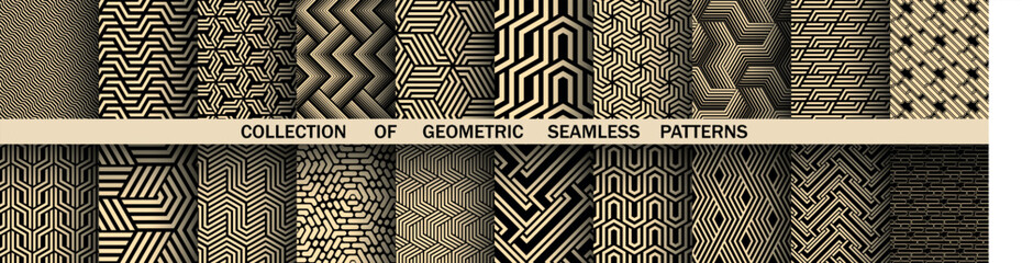 Fototapete - Geometric set of seamless black and golden patterns. Simple vector graphics