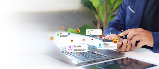 Social media and digital online concept, man using smart phone with Social media. online marketing, technology, chat, post, like, follow at phone screen.