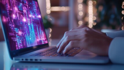 Hands Programmer working on futuristic laptop, developing innovative global network security system financial graphs with abstract digital data and code background