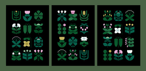Poster - Floral card designs set. Modern botanical posters with flowers, leaves. Nature postcards, vertical spring and summer cards, wall art with blossoms, blooming plants, flora. Flat vector illustration