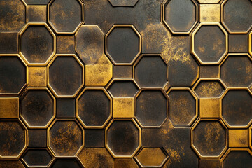 Wall Mural - geometric octagon pattern with gold and dark brown metallic finish, textured surface.