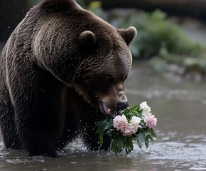 a hulking grizzly bear lifting salmon from stream