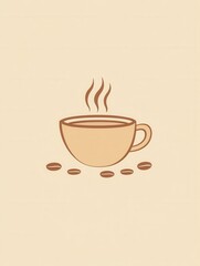 Aufkleber - Minimalist coffee cup illustration featuring simple steam lines and scattered coffee beans in warm brown and beige tones