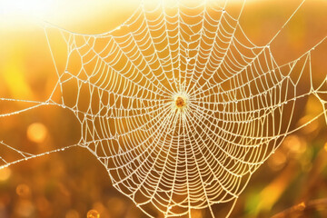 Delicate Spiderweb with Dewdrops Shimmers in Golden Sunrise Light