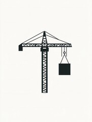Fototapete - Minimalist construction logo featuring a silhouette of a tower crane lifting a block, focused on modern design and negative space