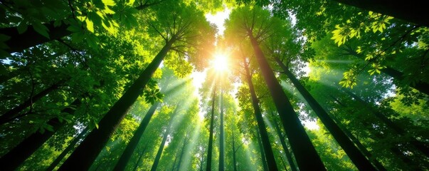 Wall Mural - Forest canopy overhead, sunlight filtering down, leaves, sun