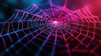 Colorful spider web with dew drops in abstract lighting