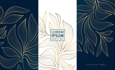 vector set of gold luxury art deco backgrounds, nature fancy ornate pattern. leaf floral wine, spa, 