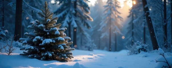 Wall Mural - Spruce tree basks in starlight as gentle snowfall creates a serene atmosphere in the frozen forest, winter, quiet