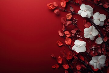 Poster - Elegant white and red flowers arranged beautifully on a deep red background for a stunning visual display
