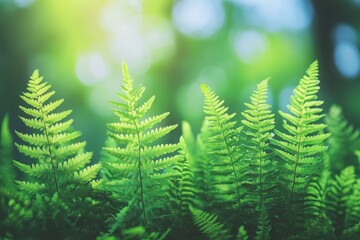 Poster - Lush green ferns thrive in a sunlit forest, showcasing nature's vibrant ecosystem and tranquility