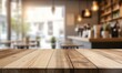 © El Media - Wood Tabletop in Cafe Interior with Blurry Background for Product Mockup