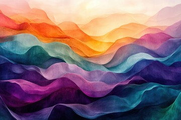 Fototapete - Abstract landscape of colorful, flowing hills creating a dreamy, ethereal atmosphere.