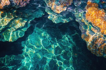 Wall Mural - Sunlight filtering through crystal-clear water reveals vibrant underwater rocks and textures.