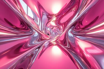 Poster - Abstract pink and silver metallic fluid forms create a mesmerizing, swirling vortex.