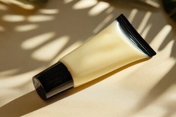 Poster - Cream tube lying on a soft surface with shadows creating a dramatic effect and a natural ambiance