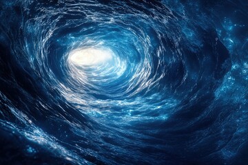 Fototapete - A swirling vortex of deep ocean water, a mesmerizing tunnel of blue leading to a bright light.