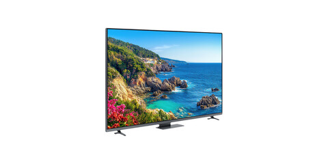 Large flat-screen television displaying scenic coastal landscape isolated on transparent background