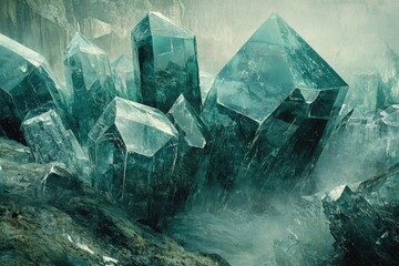Leinwandbilder - Large, teal-colored crystals cluster together in a misty, cavernous setting.