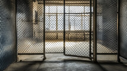 A net barrier covering the entrance to an old building.
