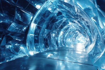 Poster - A mesmerizing icy tunnel, glowing with an ethereal blue light, leads to a distant, bright end.