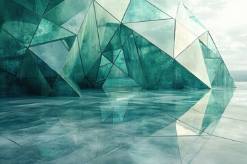 Poster - Abstract teal geometric structure with reflective floor, showcasing modern architecture and design.