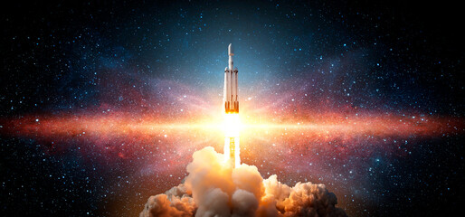 Wall Mural - the spaceship takes off into the starry sky. a rocket is launched into space. elements of this image
