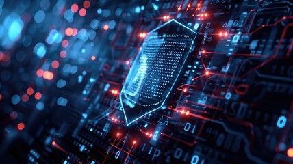 Picture of digital security system to protect dangerous hacking computer user in colorful light of cyberspace style theme. Coding and programming for guarding digital technology from criminal. AIG53.
