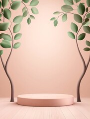 Wall Mural - 3D podium with soft natural lighting, wooden textures, organic ambiance, warm pastel color scheme, seamless elegance, refined composition, subtle atmospheric depth, ultra-high resolution